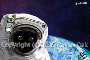 A black cat in a space suit is floating above Earth