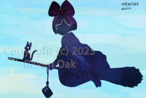 Kiki flies with her black kitty Jiji