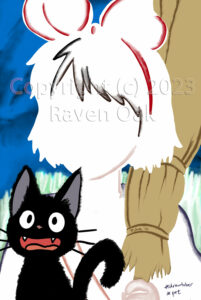 Kiki posing with her black cat, Jiji, and her broom