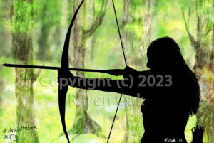 An archer shoots a bow amidst the forest