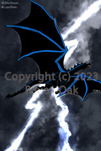A black and blue dragon flies amidst a lightning storm