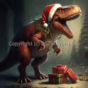 A Santa-hat bearing T-Rex is ripping open presents