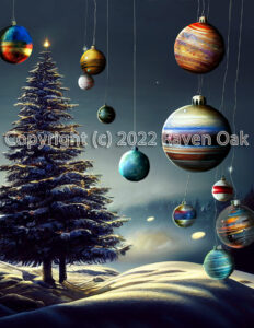 Planetary holiday ornaments hang from space on a holiday scene