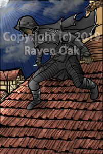 A hooded assassin crouches on a rooftop of a building