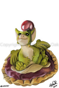 a cute dragon sits in a cherry pie