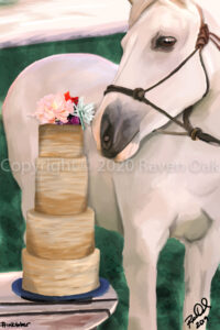 A white horse blowing out a three-tiered birthday cake