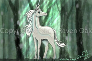 Enchanted unicorn in a forest by Raven Oak