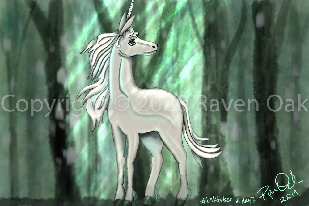 A unicorn stands amidst a deep forest
