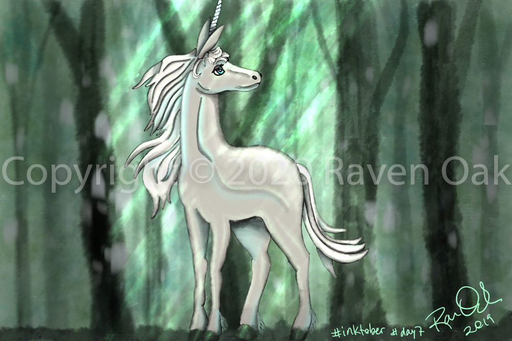 A unicorn stands amidst a deep forest