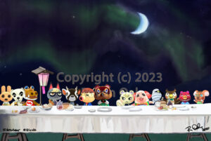 Characters from Animal Crossing are sitting at the Last Supper