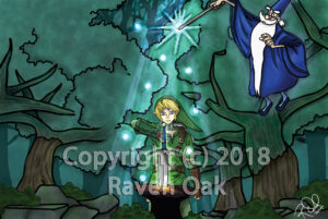 Link is trying to pull the Master Sword from a stone as a wizard looks on