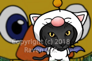 A black cat dressed up as a moogle, with a chicobo behind him