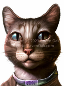 A brown and tan kitty wearing an intelligent collar. His name is Pantone, from the story "Hungry" by Raven Oak