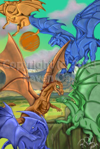 Five colorful Pern dragons fly