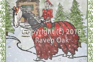 A skeletal frame in a Santa suit rides an undead horse
