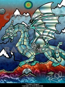 A steampunk dragon on a volcano