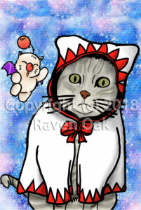 A grey kitty dressed as a white mage from Final Fantasy with a moogle nearby