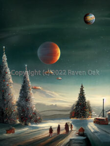 A scene of folks walking in the snow during the holidays with several planets in the background