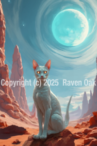 Desert Heat, Copyright 2025 by Raven Oak. Artwork features the Chathula cat-like creature from the book Amaskan's Honor.