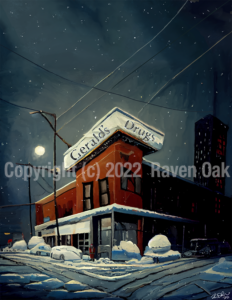 The Drug Store by Raven Oak, from the short story The Bell Ringer by Raven Oak. Artwork featured in the collection The Bell Ringer & Other Holiday Stories.