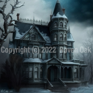 The Mansion by Raven Oak, featuring a mansion from the novella The Ringers by Raven Oak. Artwork was featured in the collection The Bell Ringer & Other Holiday Stories.